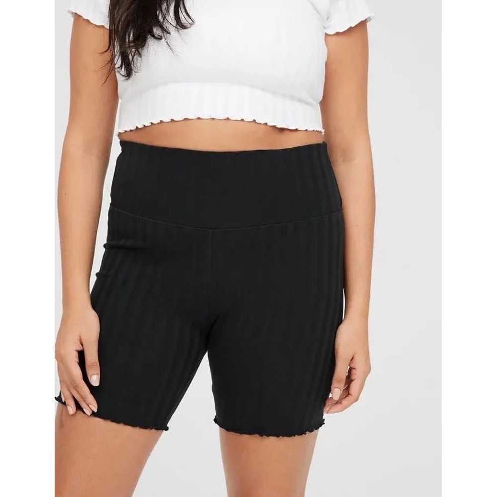 OFFLINE by Aerie OG Original Ribbed Bike Shorts Black High Rise Lettuce Hem S